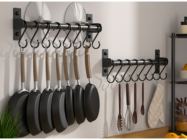Kitchen hanging rail with 8 s hooks for hanging pots and pans and kitchen utensils and cups