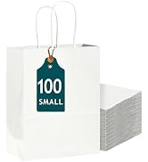 Bakepacker 100-Pack Small Size Gift Paper Bags with Handles Bulk 8.3"x6"x3.19" White Party Kraft ...