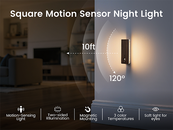 Wooden Motion Sensor Night Light,Rechargeable Light, 3-Color Dimmable Brightness