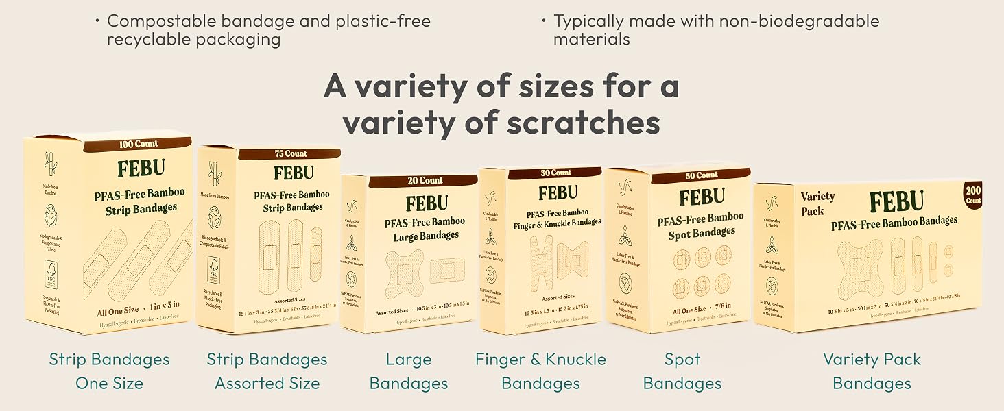 FEBU all natural bamboo bandages. Multiple sizes for all cuts and scrapes