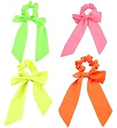 4Pcs Bow Neon Scrunchies for Hair 80s 90s,Silk Satin Scrunchy Hair Ties Scrunchies with Long Bow ...