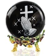 ZEERSHEE 60mm 3D Hand Holding Cross Crystal Ball with Rose Stand Laser Engrave Praying Hands Reli...