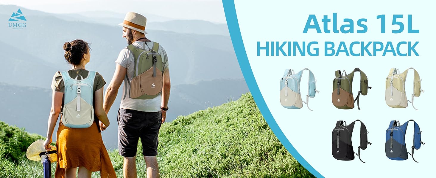 Text reads 'Atlas 15L HIKING BACKPACK'. Marketing banner showing outdoor scene with hiking gear and silhouettes of backpack features.