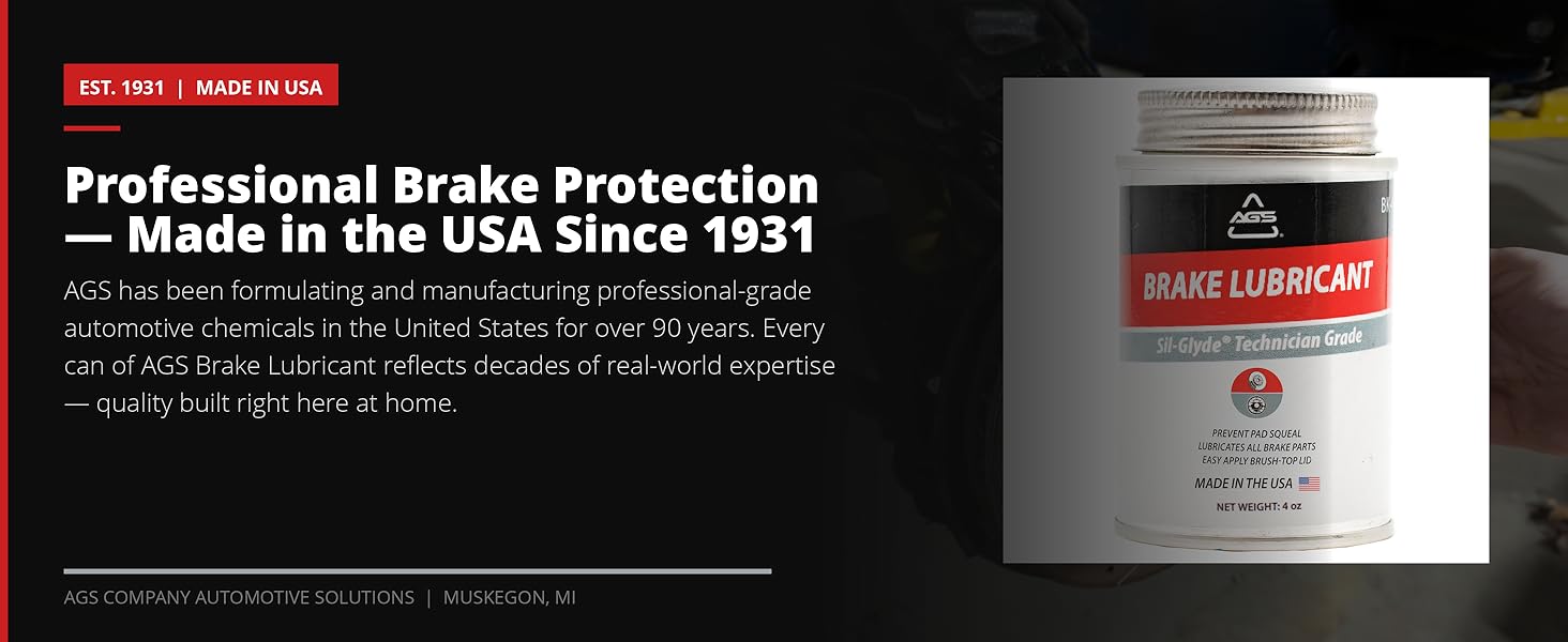 AGS Brake Lubricant 4oz can on dark background with EST. 1931 and Made in USA badge