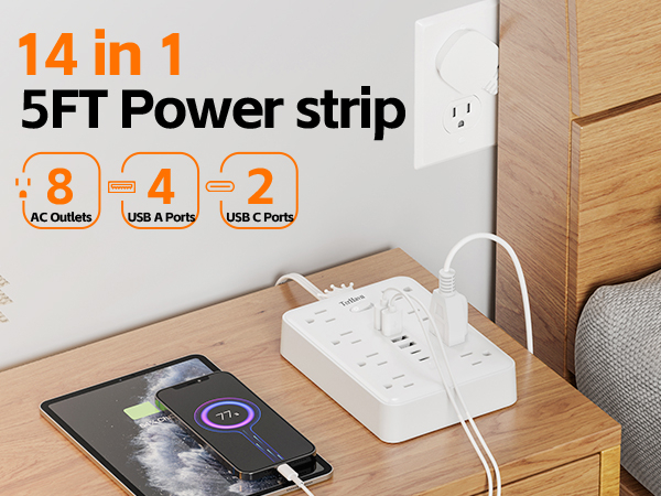 MCSCN TerHavn 14-in-1 surge protector 8AC 6USB 5/10/15 FT flat plug white TerHavn