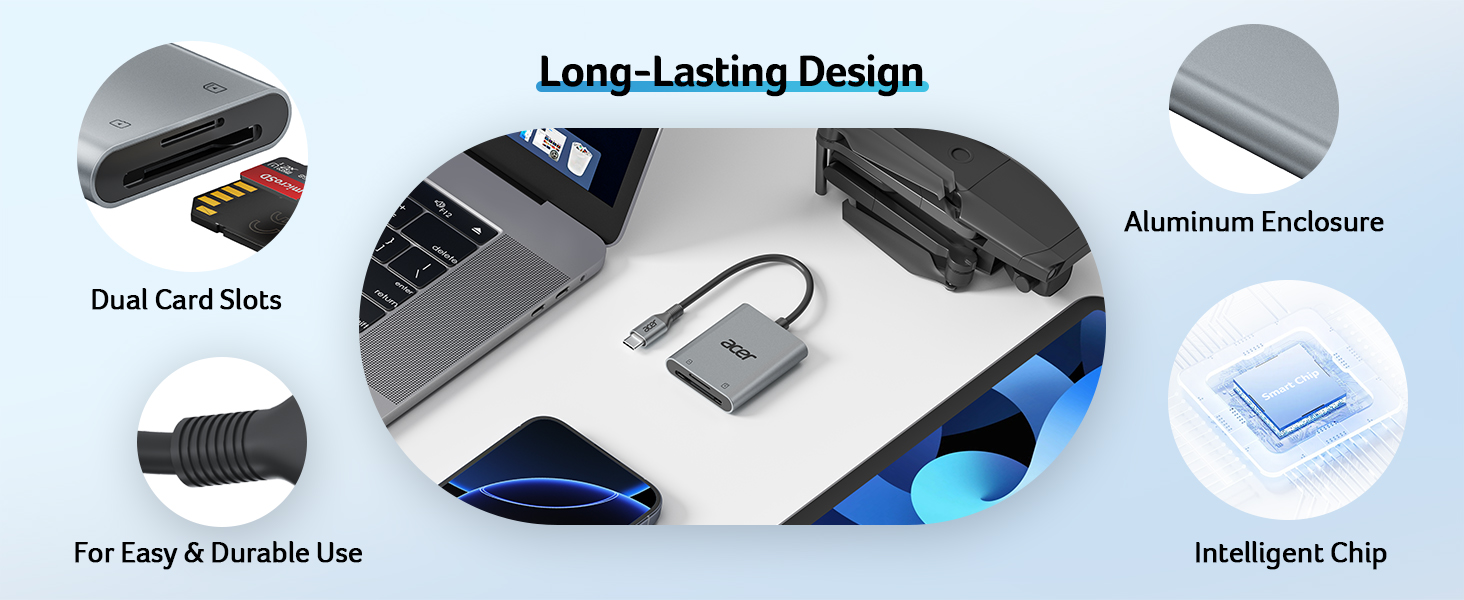 USB-C hub with dual card slots, aluminum enclosure, and intelligent chip. Features include long-lasting design and easy, durable use. Multiple angles of the device shown.