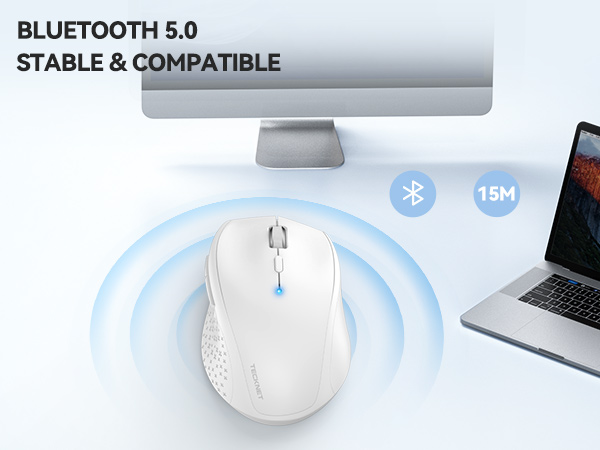 Bluetooth 5.0 wireless mouse with 15m range, shown with computer monitor and laptop. White mouse with ergonomic design and blue connection indicator.