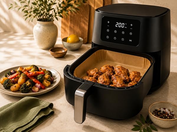 Modern air fryer with square parchment paper liner, cooked chicken and vegetables on a kitchen bench