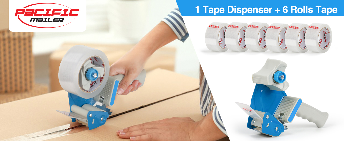 Heavy duty tape dispenser with 6 rolls clear packing tape for shipping, moving and warehouse use