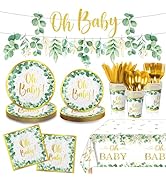 177 PCS Sage Greenery Gender Neutral Baby Shower Party Supplies - OH Baby Banner, Plates, Napkins...