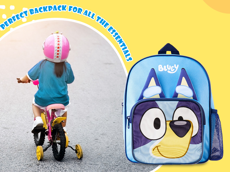 Two product images: Child riding yellow bicycle and light blue children's backpack featuring cartoon owl face design.