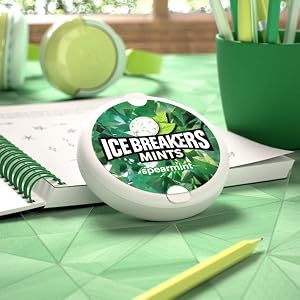 Ice Breakers Ice Cubes spearmint flavored mints on a desk