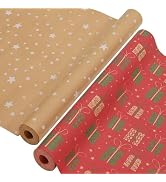 AhfuLife 2 Rolls Christmas Wrapping Paper - 17 Inch × 49.2 Feet Per Roll, Recyclable Kraft Xmas W...