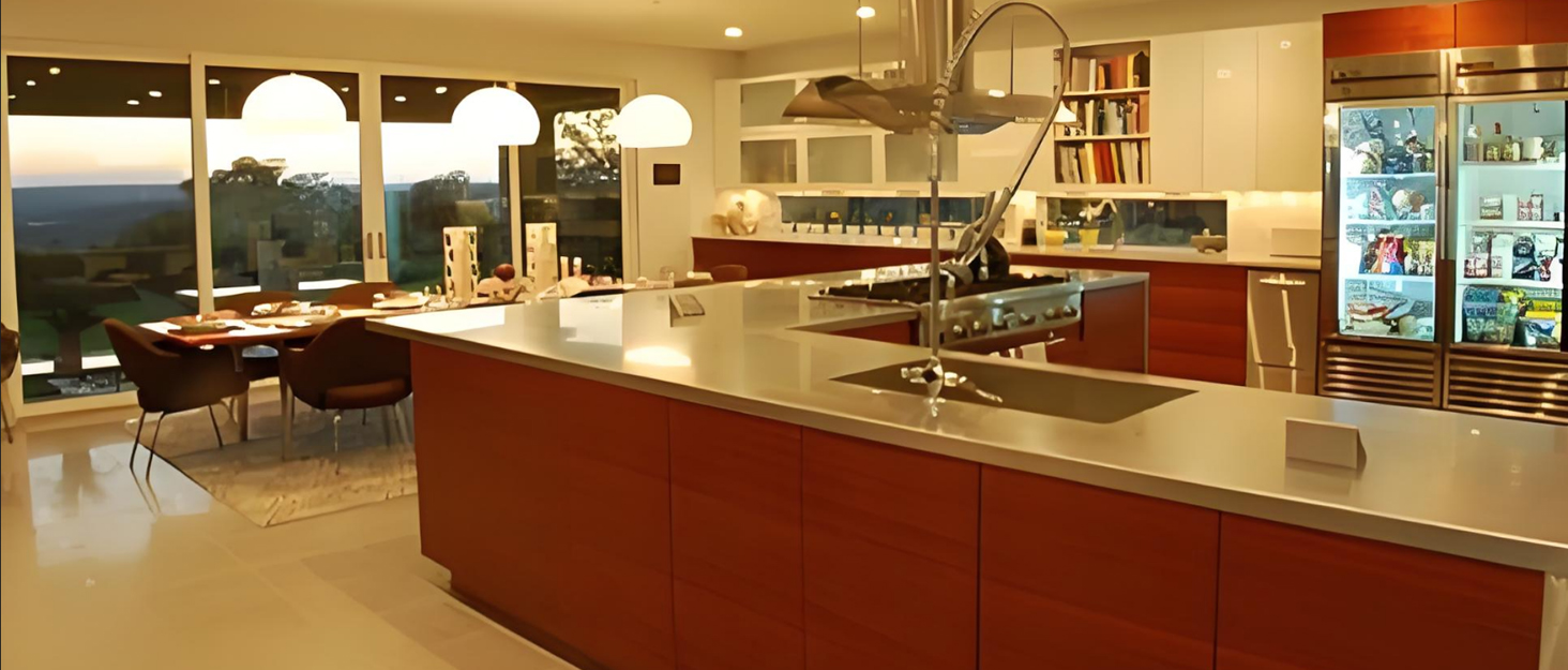 Modern luxury kitchen with island, scenic view, premium kitchenware brand background