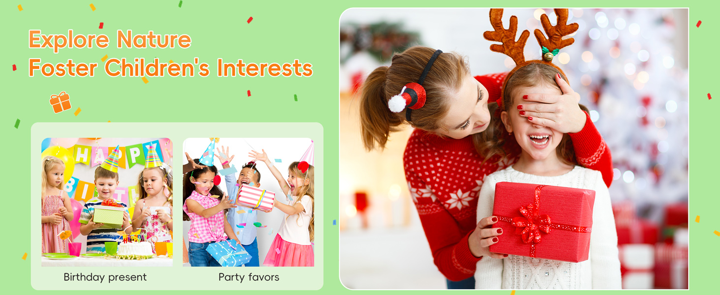 Marketing banner showing text 'Explore Nature' and 'Foster Children's Interests' with educational imagery and festive holiday elements.