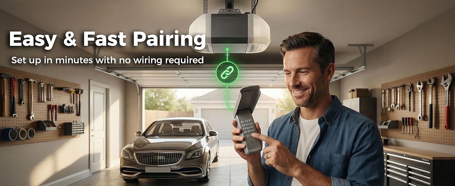 Easy to program wireless garage door keypad Simple step-by-step programming Fast pair process sync