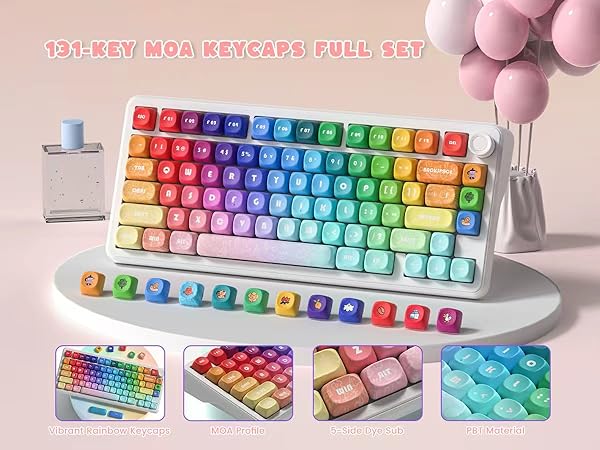 140-Key MOA Keycaps Full Set, It features a vibrant rainbow color scheme