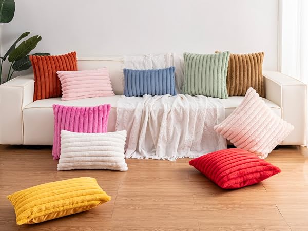 Luxury Soft Fluffy Striped Decorative Pillow Covers for Sofa, Couch, Living Room, Cream White