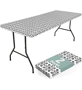 misaya 2 Pack 6 Foot Rectangle Picnic Tablecloth, Elastic Fitted Waterproof Table Cover, Windproo...