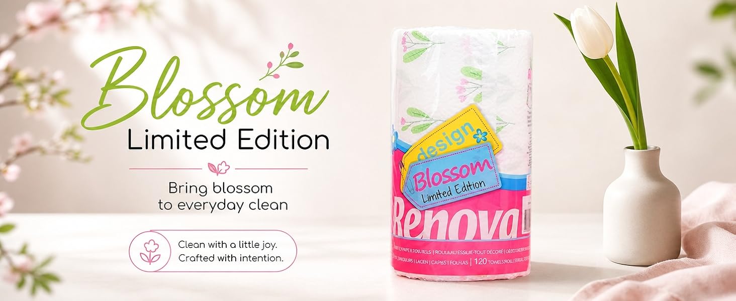 Renova Blossom Limited Edition 2-ply floral kitchen paper towel roll, 120 sheets