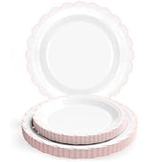 30 Pcs Pink and White Paper Plates; 15 x 7 inch & 15 x 9 inch White Disposable Plates with Pink T...