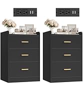 FOTOSOK Nightstands Set of 2 Black Nightstand with Charging Station, 3 Drawer Nightstand with Gol...