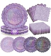 CENLBJ 80Pcs Purple Iridescent Paper Plates and Napkins,Include Gradient 9inch Purple Plates Napk...