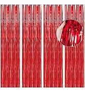 BTSD-home Red Foil Fringe Curtain, Metallic Photo Booth Backdrop Tinsel Door Curtains for Wedding...