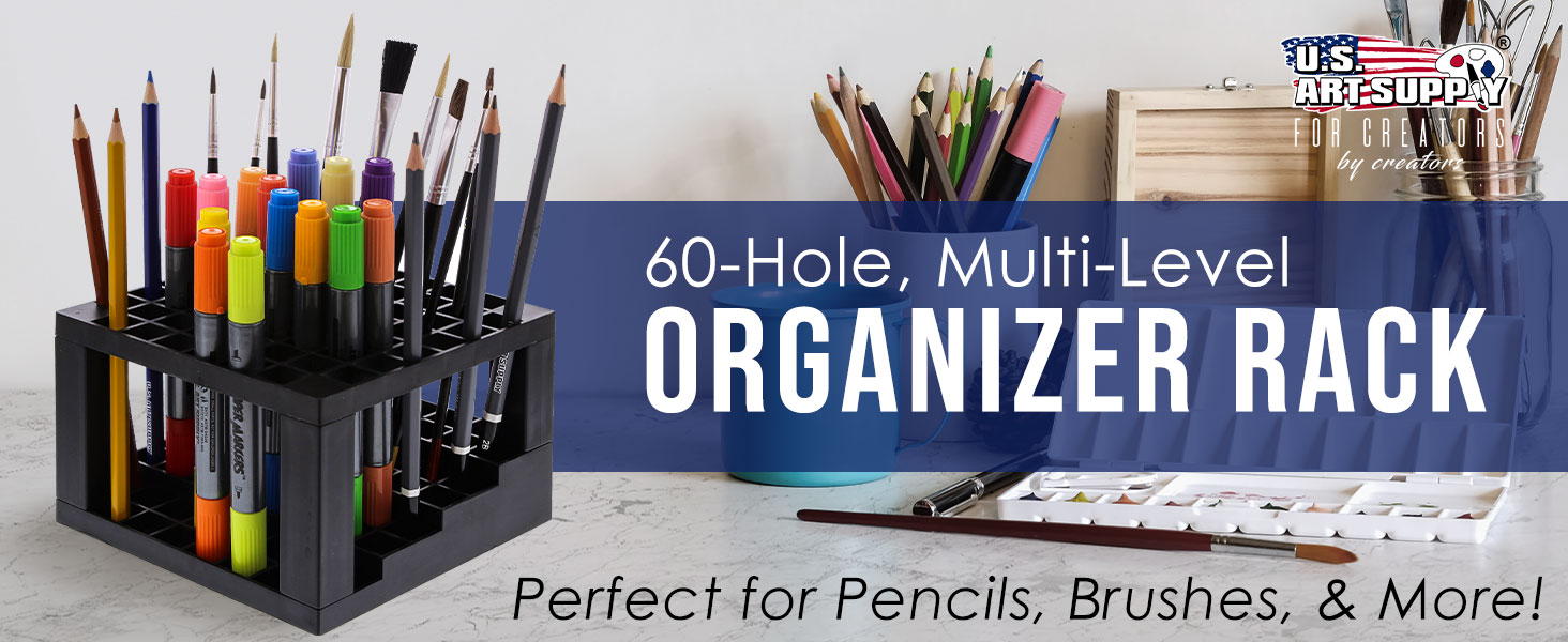 Durable 60-slot marker holder for storing paint brushes, pens, and colored pencils efficiently