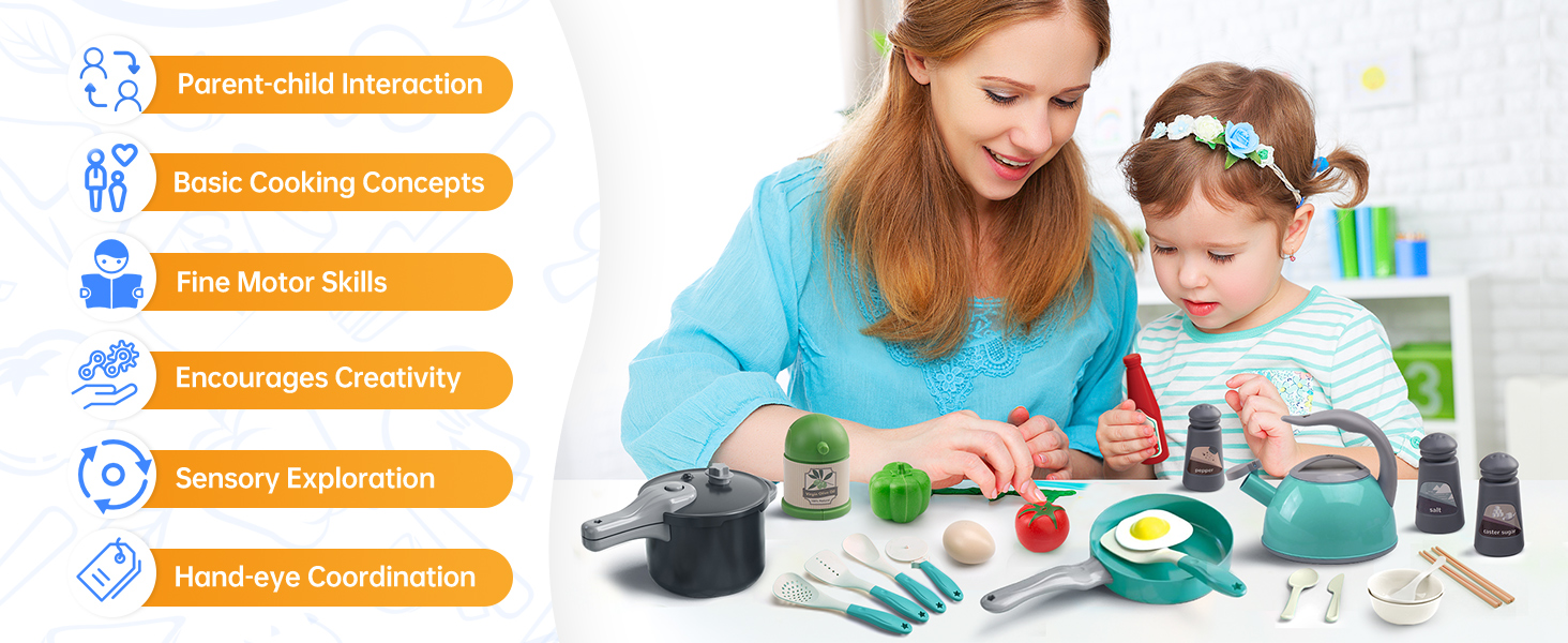 Learning Kitchen Toy: Kids learn cooking skills & identify fruits/vegetables through play.