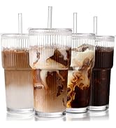 Iced Coffee Cups with Lids: Coffee Bar Accessories - Ribbed Glass Tumbler with Straw and Lid 4Pcs...