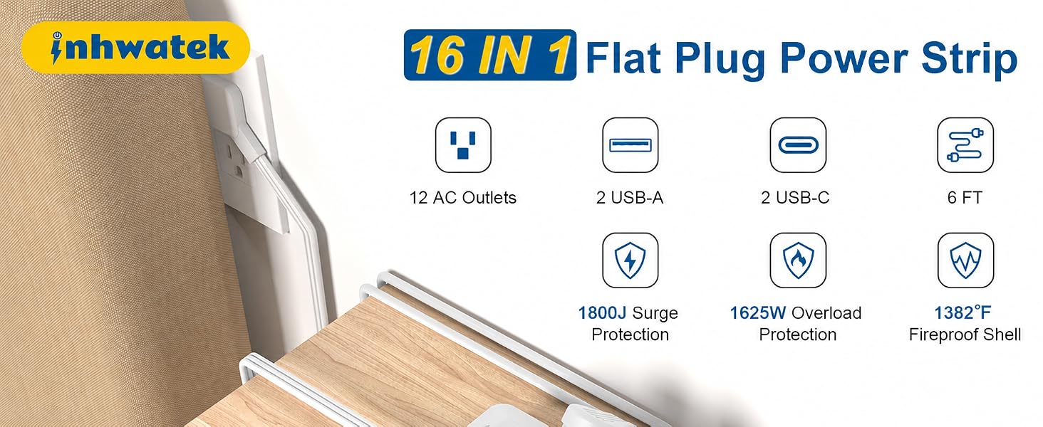 12 outlets long white extension cord with 1800j surge protector