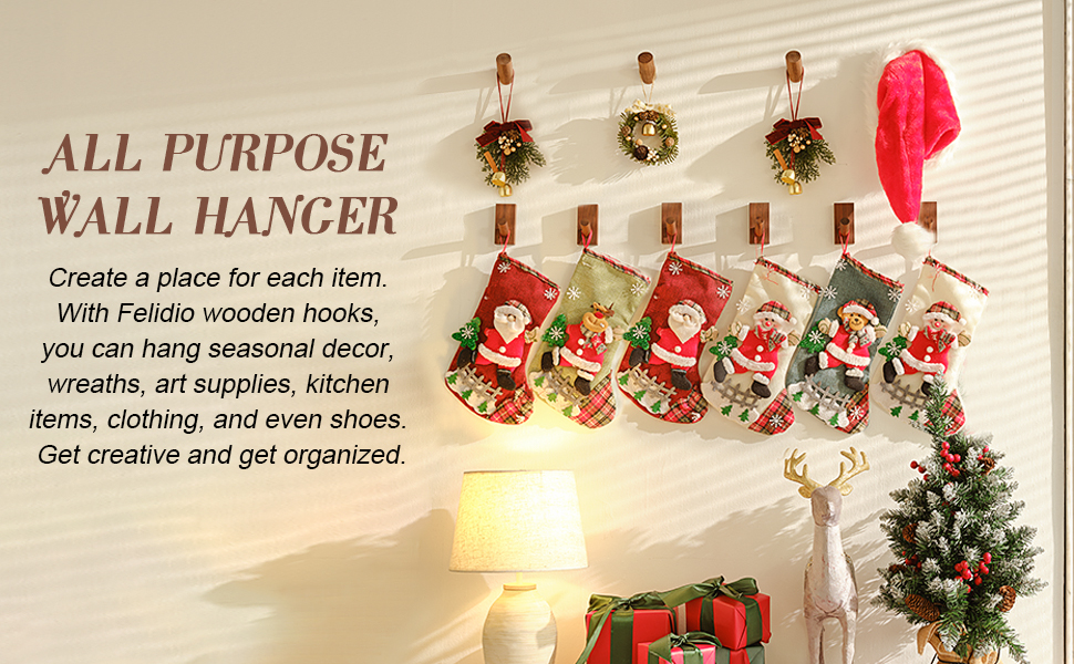 Christmas Stocking Holders for wall Wood Wall Hooks Wall Decor Coat Hooks Adhesive Hooks Key Holder
