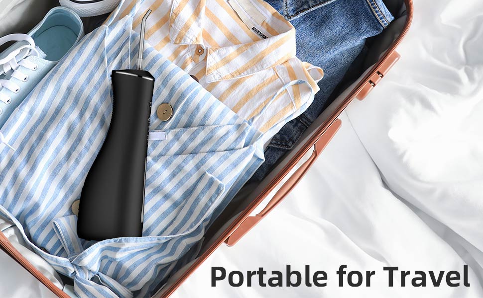 Text reads 'Portable for Travel' with images showing a striped fabric being folded or manipulated, demonstrating its portability.