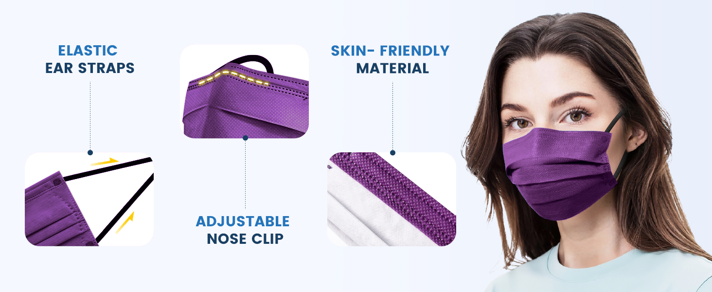 masks disposable 50 pcs,inidividually wrapped,elastic ear straps,adjustable nose clip,skin-friendly