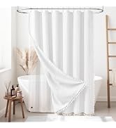 BTTN 3 in 1 Shower Curtain with Liner, White Boho Linen Striped Cloth Tassel Shower Curtain Set w...