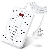Power Strip Surge Protector with 6 USB,HUNIAN 5 Ft Extension Cord Flat Plug with 8 Widely Spaced ...