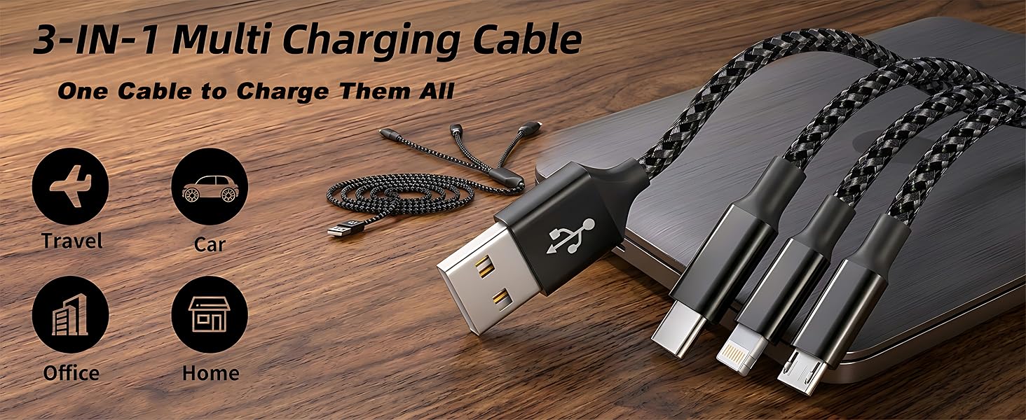 Replace messy tangled desk cords with a sleek 3-in-1 universal charger solution