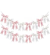 2 Strings Pink White Bow Garland Banner Decorations, Pre-Strung Satin Ribbon Bows for Birthday, B...