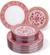 Hioasis 60pcs Red Plastic Plates Set - Floral Red & White Porcelain Design, 10.25" Dinner & 7.5" ...