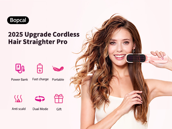 cordless hair straightening brush portable hair straightener women wireless travel gift Pink ionic