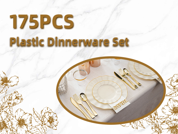 white and gold plastic dinnerware sets