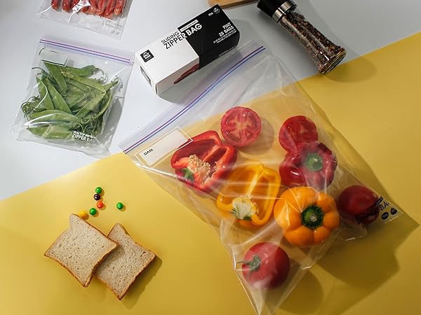 Food storage bags on display with food in them to show storage feature and BPA-Free