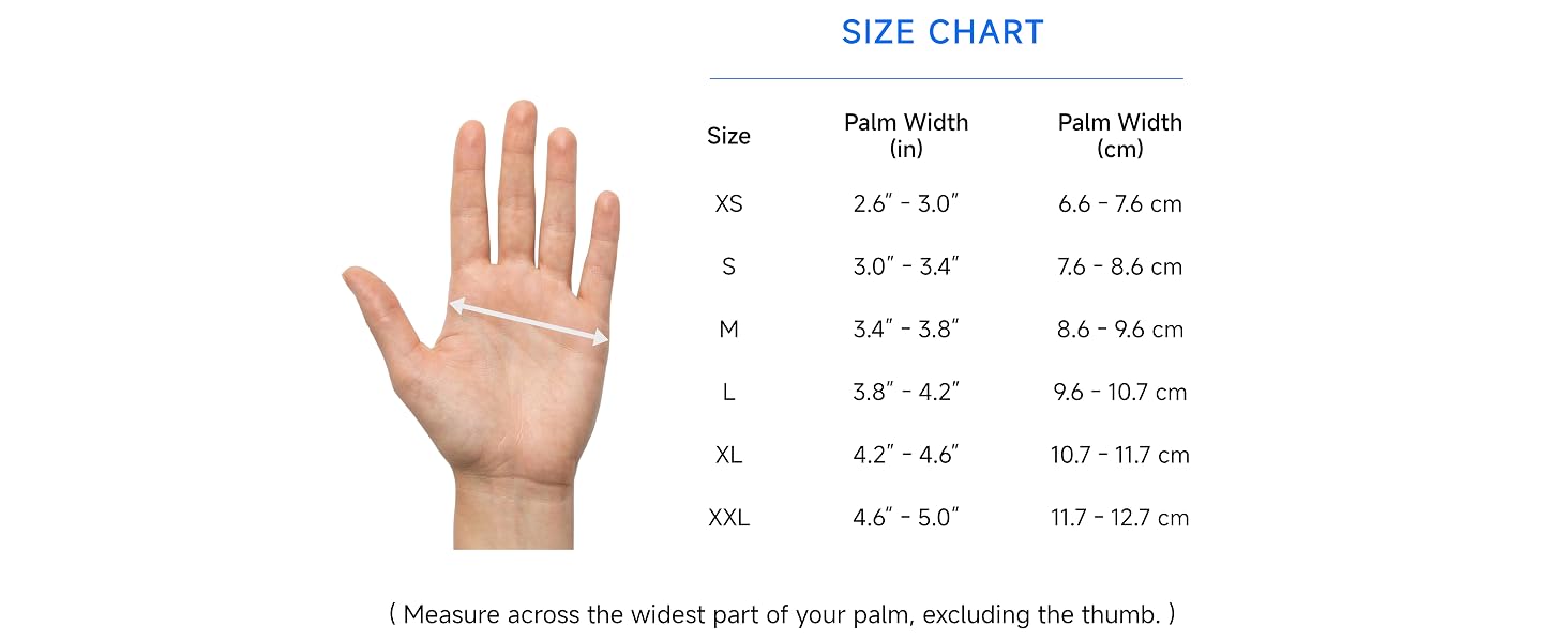 Safedenn work gloves size chart showing how to measure palm width in inches and centimeters.