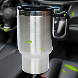 thermos mug is made of stainless steel and has a removable handle.