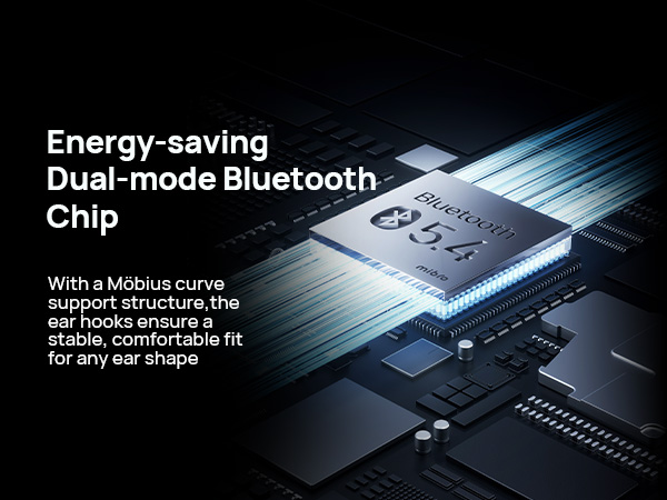 Text reads 'Energy-saving Dual-mode Bluetooth Chip' and 'With a Möbius curve support structure, the ear hooks ensure a comfortable and stable fit for any ear shape'. Shows technological circuit board visualization