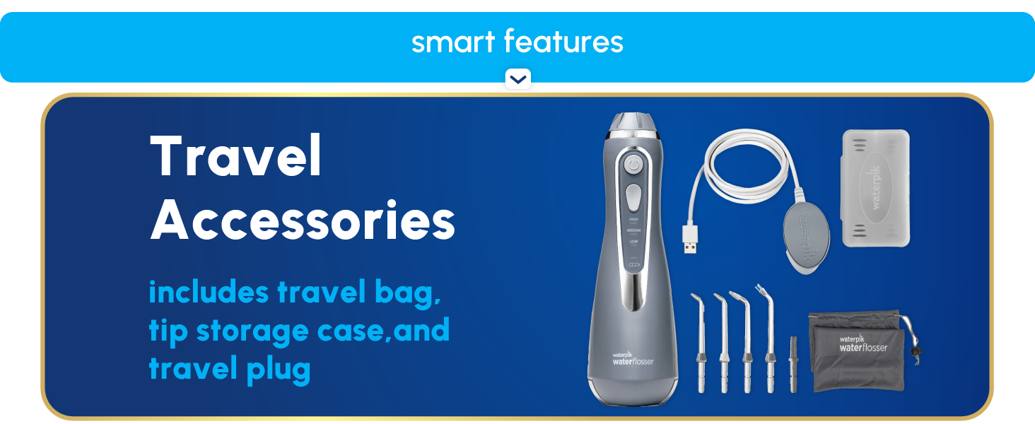 Image of water flosser travel accessories with text reading includes travel bag and tip storage case