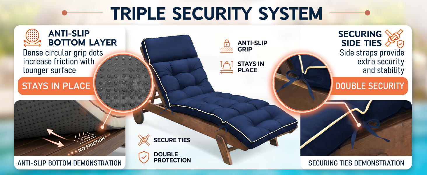anti-slip bottom fabric, securing ties and back headrest cover provide triple security