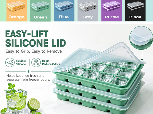 Ice Cube Trays Set of 2, 15-Cube Silicone Molds with Removable Lids