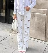 Women's Casual Straight Leg Pearl Embellished Jeans Summer High Waisted Denim Pants with Floral O...